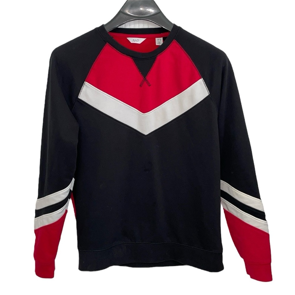 NHP men’s Size‎ Large black/red/white long sleeve crewneck pullover sweatshirt.